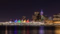 Vancouver skyline at night. Long exposure photo of city downtown behind a harbor