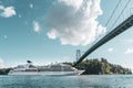 Vancouver BC Canada, May 27,2022. Luxury Cruises Sailing from Vancouver Canada with Lion Gates Bridge backgrounds