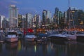 Vancouver BC downtown skyline & marina at dusk Royalty Free Stock Photo