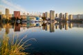 Vancouver, British Columbia, Canada April 16, 2020. False Creek Calm Morning Reflections