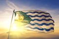 Vancouver of British Columbia of Canada flag waving on the top sunrise mist fog Royalty Free Stock Photo