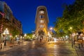 Hotel Europe Building in Gastown district during blue hour. A wedding couple posing in front