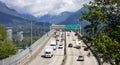 Traffic driving on Highway 1 near the Second Narrows Bridge