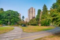 Vancouver, Canada - August 9, 2017: City buildings from the beach in Stanley Park Royalty Free Stock Photo