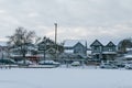 Vancouver, CANADA - February 11, 2019: empty playgroung in residential area covered with snow at winter time