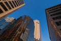 VANCOUVER, CANADA - FEBRUARY 19, 2020: look up to tall buildings with blue sky in downtown