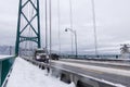 A View of Lions Gate Bridge covered in snow. Snow storm and extreme weather in Vancouver.