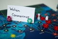 View of sign `Wuhan Coronavirus` in front of popular board game `Pandemic` with `No cure found` sign