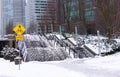 A view of stairs covered in show at Harbour Green Park. Snow storm and extreme weather in Vancouver.