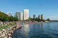 Vancouver, Canada - July 27, 2022: English Bay Beach full of people hours before Celebration of light fireworks show