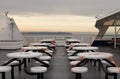 Physical distancing concept. BC Ferries workers keep space between seats to avoid spreading COVID-19 on board