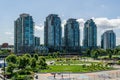 VANCOUVER, CANADA - JULY 18, 2020: skyscrapers residential tower surrounding the green area for relaxation and sport