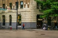 VANCOUVER, CANADA - JUNE 10, 2020: Burrard street view in downtown with people during rainy day