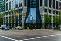 VANCOUVER, CANADA - JUNE 10, 2020: street view in downtown with people during rainy day