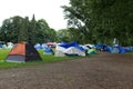 View of Strathcona Park in downtown Vancouver full of tents and homeless people