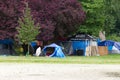 View of Strathcona Park in downtown Vancouver full of tents and homeless people