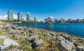 Vancouver, Canada - June 20, 2017: The world of science and olympic village at Flase creek on a sunny afternoon Royalty Free Stock Photo