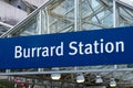 Close up View of sign `Burrard Station` in Downtown Vancouver.