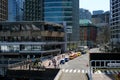 vancouver canada 2023 view from canada place to the city embankment taxi bus people crossing the road real life in the