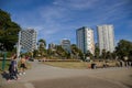 Vancouver, Canada 08.16.2021 - English Bay coast beach, people walking on sport trail in downtown. Apartments Royalty Free Stock Photo