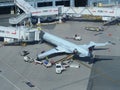 CLOSE UP: Air Canada Express airplane is connected to the airport walkway.