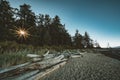 Vancouver Island beach view on a clear blue sky with sunstar and pacific coast. Canada. Royalty Free Stock Photo