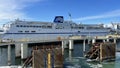 Vancouver island Canada silversea White big ship Ferry stands at Vancouver Canada Place View from another ferry 08.2022