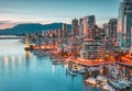 VANCOUVER - MAY 05 2019: Downtown Vancouver Canada. Scenic view at Burrard Bridge from Granville Island, Vancouver Royalty Free Stock Photo