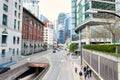 VANCOUVER - MAY 06 2019: Downtown Vancouver, Canada. A view from above across the street with walking people and cars