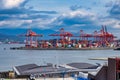 VANCOUVER - MAY 06 2019: Downtown Vancouver, Canada. view from above to many containers in the port, Vancouver BC