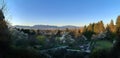 Vancouver panorama in spring at sunset. Blooming trees in the park Royalty Free Stock Photo