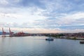 Vancouver skyline with container port terminal at sunset, British Columbia, Canada. Royalty Free Stock Photo