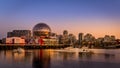 Vancouver Skyline at Sunset at the Eastern Shore of False Creek Inlet with the Science Center Globe