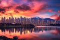 Vancouver Skyline at sunset, Vancouver, America, Beautiful view of downtown Vancouver skyline, British Columbia, Canada, AI