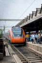 Vande Bharat Express standing at a Junction Railway Station of Indian Railways system in Howrah