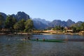 VANG VIENG, LAOS - DECEMBER 22. 2017: Scenic view over river on village surrounded by karst hills landscape along Nam Song Xong Royalty Free Stock Photo