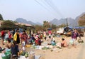 Vang Vieng, Laos - May 5, 2017 : Laotian people walking in Village morning market outside Vang Vieng