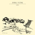 Vang Vieng, Laos, Southeast Asia. Vintage hand drawn touristic postcard in vector Royalty Free Stock Photo