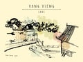 Vang Vieng, Laos, Southeast Asia. Vintage hand drawn touristic postcard in vector