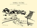 Vang Vieng, Laos, Southeast Asia. Vintage hand drawn touristic postcard in vector Royalty Free Stock Photo