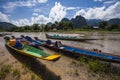 Vang Vieng Vientiane Laos wooden boat river Royalty Free Stock Photo