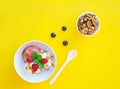 Vanila and strawberry ice cream with caramel and mint on white bowl with nuts and blueberries on yellow background. Three scoops, Royalty Free Stock Photo