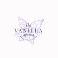 The Vanilla Aroma Abstract Vector Sign, Symbol or Logo Template. Elegant Hand Drawn Vanilla Flower Sketch Sillhouette Royalty Free Stock Photo