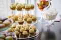 Vanilla bean mini cupcakes decorated with cyan and pink candy beads on a clear tiered tray on a dessert table with marshmallows, j Royalty Free Stock Photo