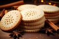 Vanilla biscuit cookie dessert with anise and cinnamon closeup shot on wooden background