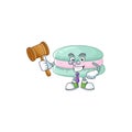 Vanilla blue macarons wise judge cartoon character design with cute glasses