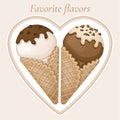 Vanilla and chocolate ice cream with chocolate topping and cream in a waffle cone.
