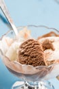 Vanilla and chocolate ice cream in the crystal bowl on the wooden planks table Royalty Free Stock Photo