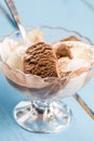 Vanilla and chocolate ice cream in the crystal bowl on the wooden planks Royalty Free Stock Photo