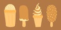 Vanilla and chocolate ice cream set with cones, popsicles, and soft serve, featuring nuts and heart details, vector art on brown Royalty Free Stock Photo